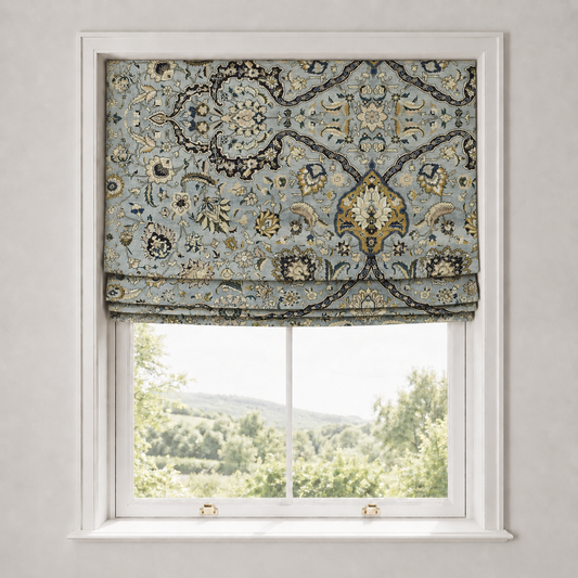 Sapphire-Blue Ogee Velvet Roman Blind
